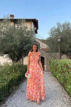 Bernadette | Women's Floral Maxi Dress with V-Neck and Ruffled Shoulders, Wedding Guest Dress | My Sweet Wardrobe