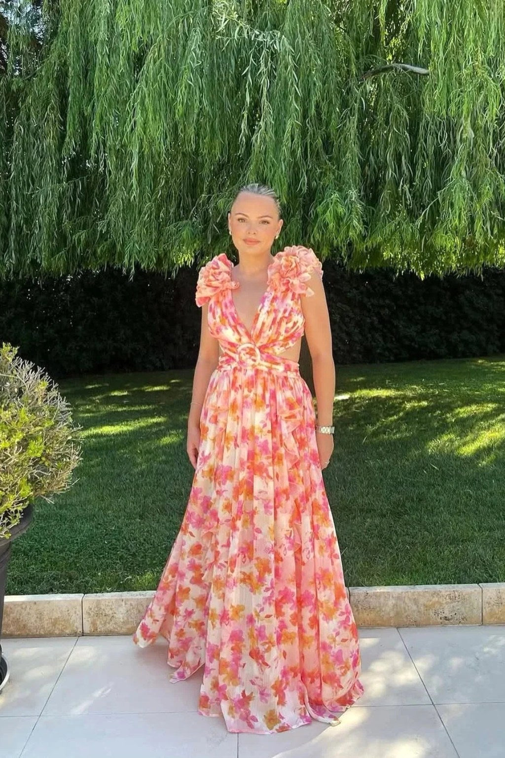 Bernadette | Women's Floral Maxi Dress with V-Neck and Ruffled Shoulders, Wedding Guest Dress | My Sweet Wardrobe