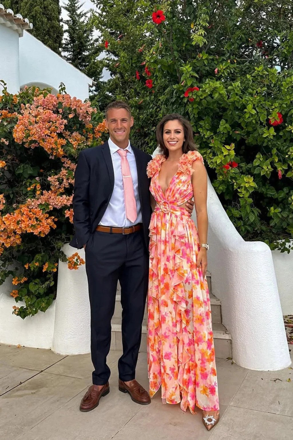 Bernadette | Women's Floral Maxi Dress with V-Neck and Ruffled Shoulders, Wedding Guest Dress | My Sweet Wardrobe