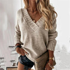 Brielle | Women's Relaxed V-Neck Oversized Jumper, Chunky Knit Sweater | Dressific | Beige