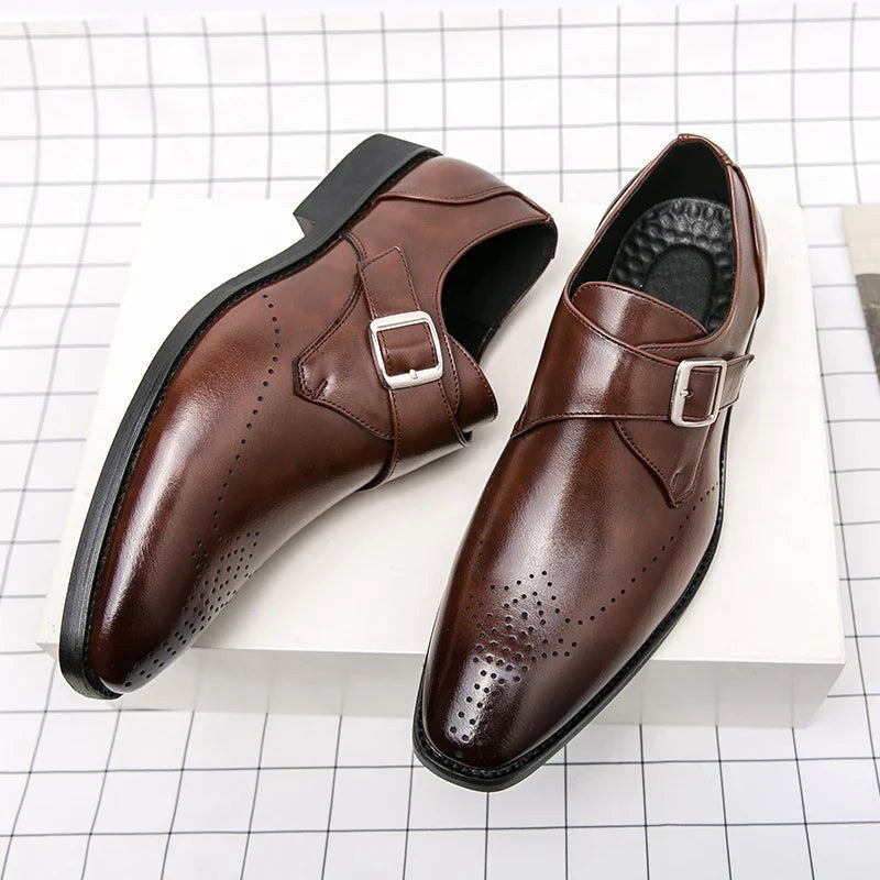 Cameron | Men's Dress Shoes with Single Strap Buckle, Formal Strap Loafers | Dressific | Brown