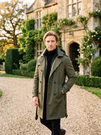 Cameron | Men's Hooded Mid-Length Trench Coat, Structured Autumn Coat | My Sweet Wardrobe | Olive Green