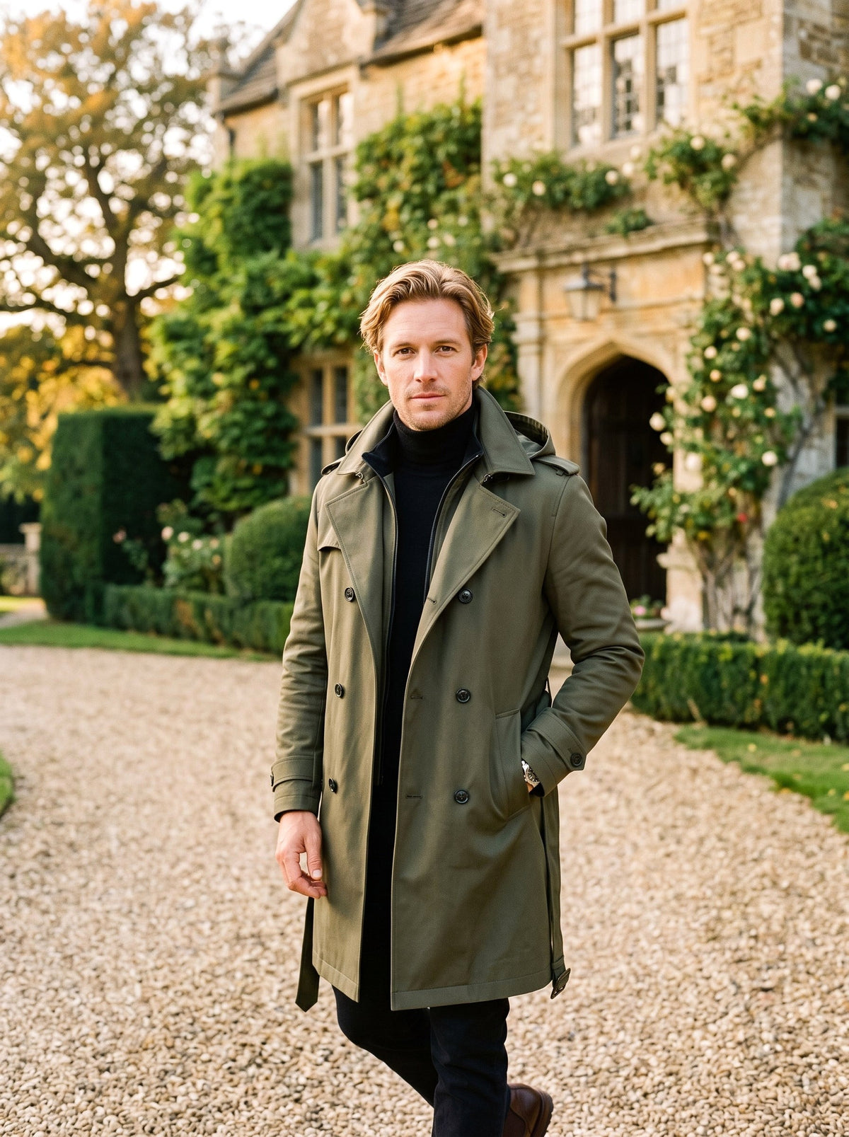 Cameron | Men's Hooded Mid-Length Trench Coat, Structured Autumn Coat | My Sweet Wardrobe | Olive Green