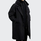 Cameron | Men's Hooded Mid-Length Trench Coat, Structured Autumn Coat | My Sweet Wardrobe | Onyx Black