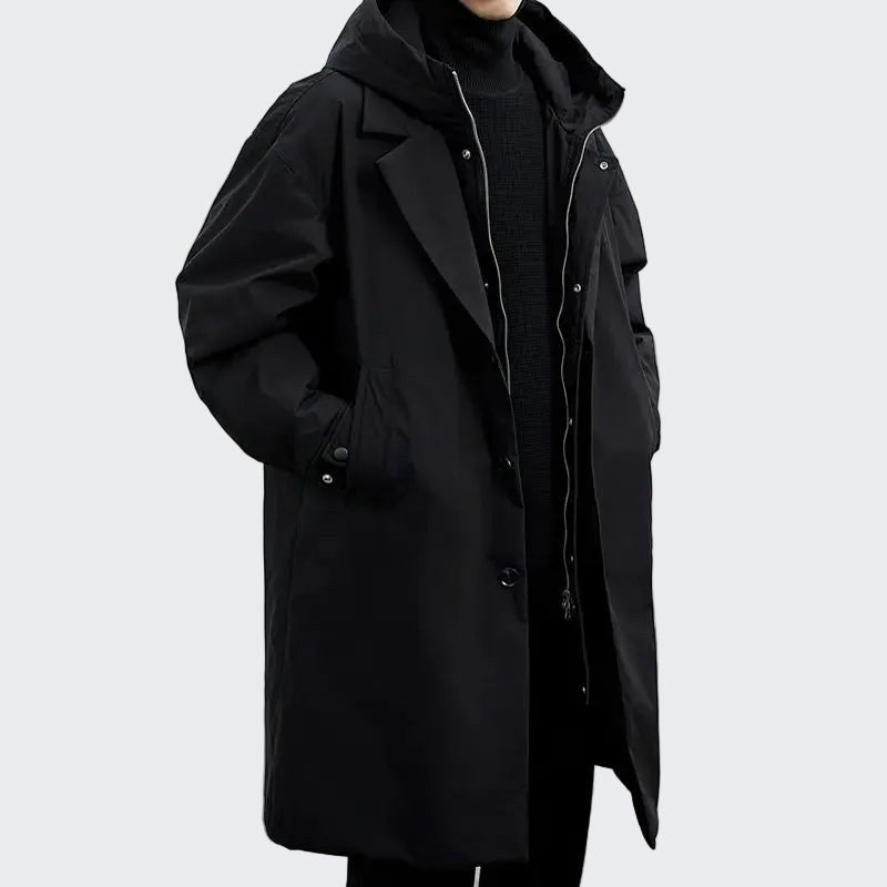 Cameron | Men's Hooded Mid-Length Trench Coat, Structured Autumn Coat | My Sweet Wardrobe | Onyx Black
