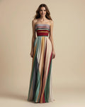 Camille | Women's Strapless Pleated Maxi Dress, Multicoloured Striped Evening Dress | My Sweet Wardrobe | Multicoulored