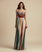 Camille | Women's Strapless Pleated Maxi Dress, Multicoloured Striped Evening Dress | My Sweet Wardrobe | Multicoulored