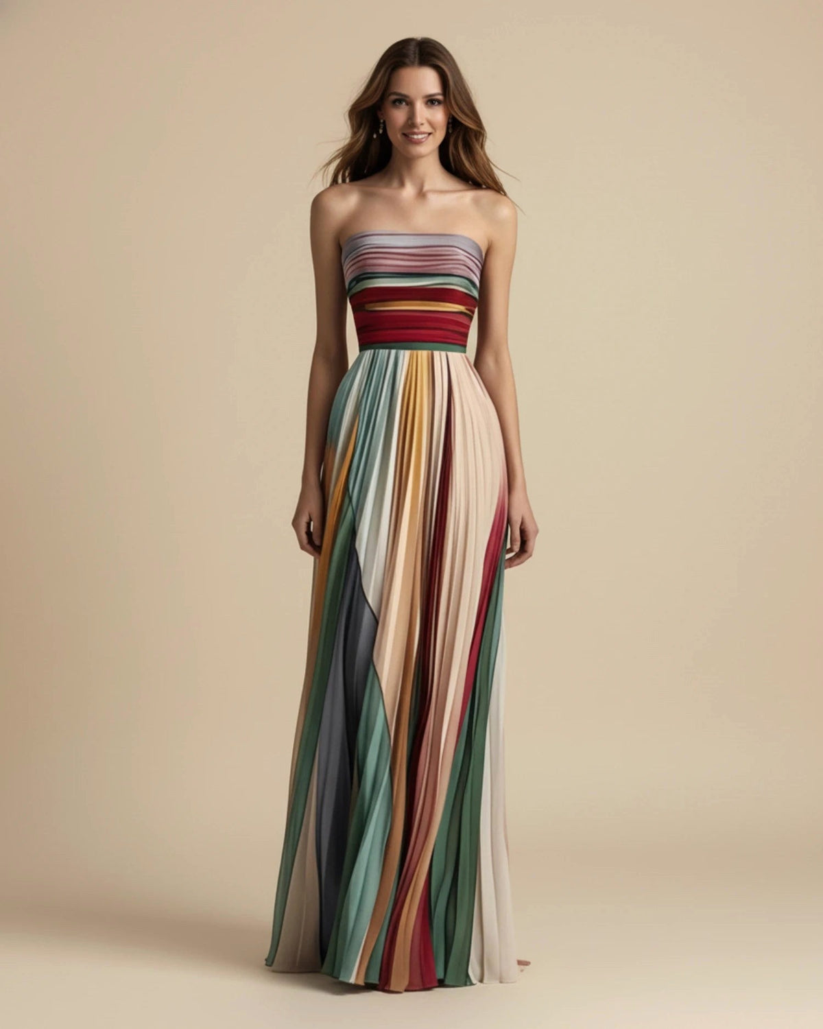 Camille | Women's Strapless Pleated Maxi Dress, Multicoloured Striped Evening Dress | My Sweet Wardrobe | Multicoulored