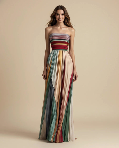 Camille | Women's Strapless Pleated Maxi Dress, Multicoloured Striped Evening Dress | My Sweet Wardrobe | Multicoulored