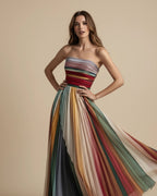 Camille | Women's Strapless Pleated Maxi Dress, Multicoloured Striped Evening Dress | My Sweet Wardrobe