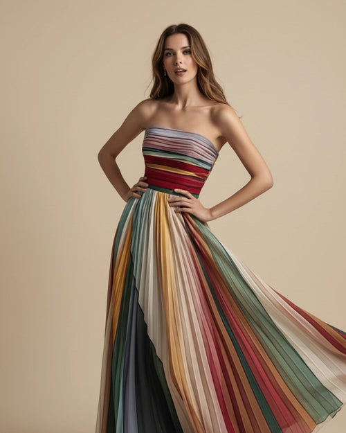 Camille | Women's Strapless Pleated Maxi Dress, Multicoloured Striped Evening Dress | My Sweet Wardrobe