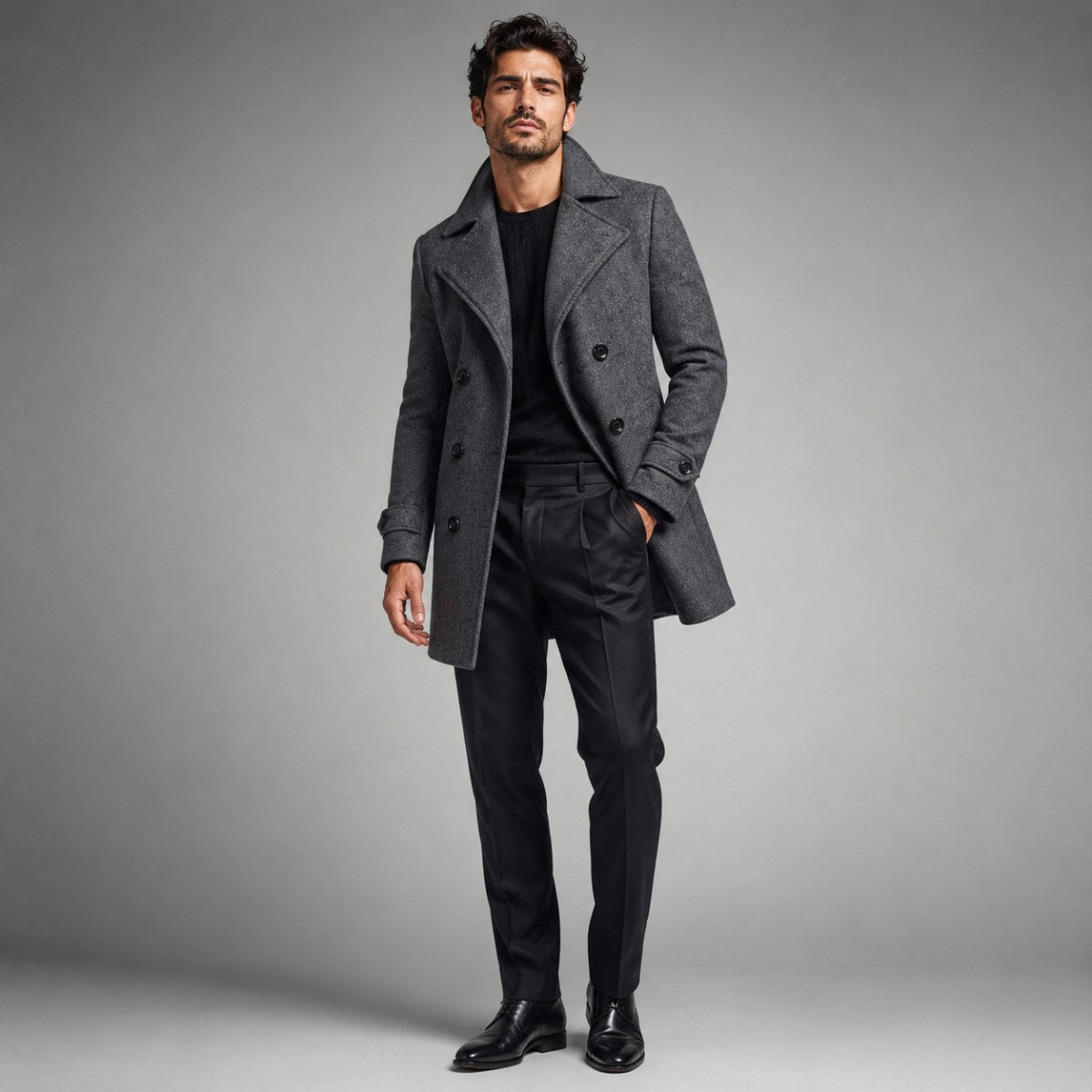 Carson | Men's Double Breasted Wool Trench Coat, Long Tailored Coat | My Sweet Wardrobe | Black