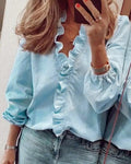 Celeste | Women's Ruffle V-Neck Blouse, Long-Sleeve Casual Blouse | My Sweet Wardrobe | Blue