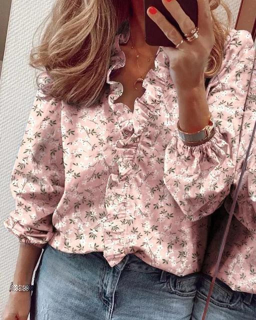 Celeste | Women's Ruffle V-Neck Blouse, Long-Sleeve Casual Blouse | My Sweet Wardrobe | Black