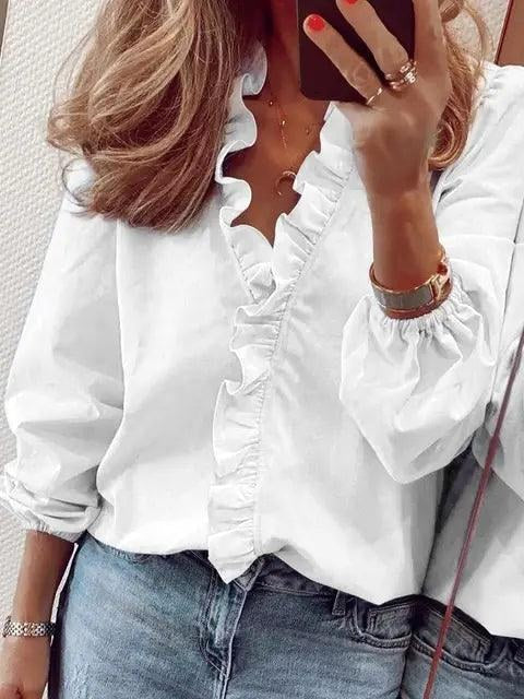 Celeste | Women's Ruffle V-Neck Blouse, Long-Sleeve Casual Blouse | My Sweet Wardrobe