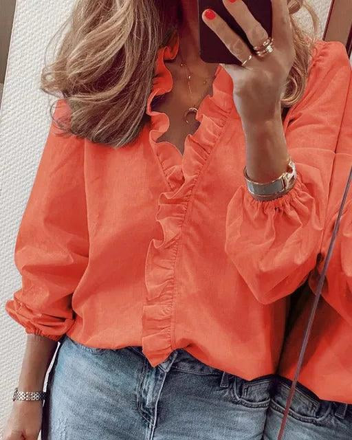 Celeste | Women's Ruffle V-Neck Blouse, Long-Sleeve Casual Blouse | My Sweet Wardrobe
