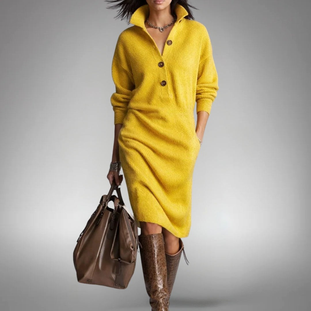 Celine | Women's Wool Mix Knit Polo Dress, Quarter-Button Midi Dress | My Sweet Wardrobe