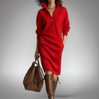 Celine | Women's Wool Mix Knit Polo Dress, Quarter-Button Midi Dress | My Sweet Wardrobe