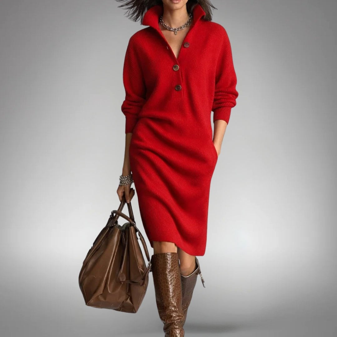Celine | Women's Wool Mix Knit Polo Dress, Quarter-Button Midi Dress | My Sweet Wardrobe