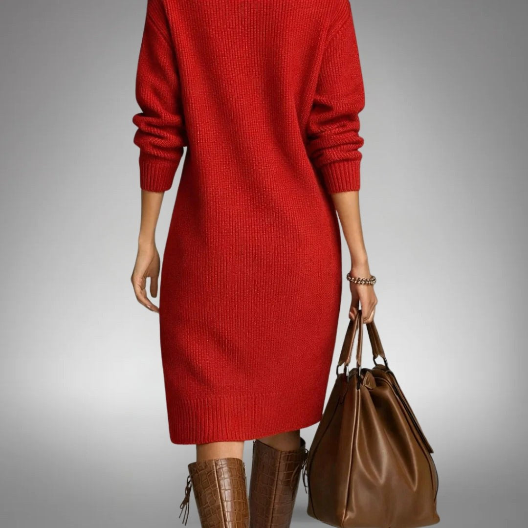 Celine | Women's Wool Mix Knit Polo Dress, Quarter-Button Midi Dress | My Sweet Wardrobe
