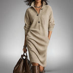 Celine | Women's Wool Mix Knit Polo Dress, Quarter-Button Midi Dress | My Sweet Wardrobe