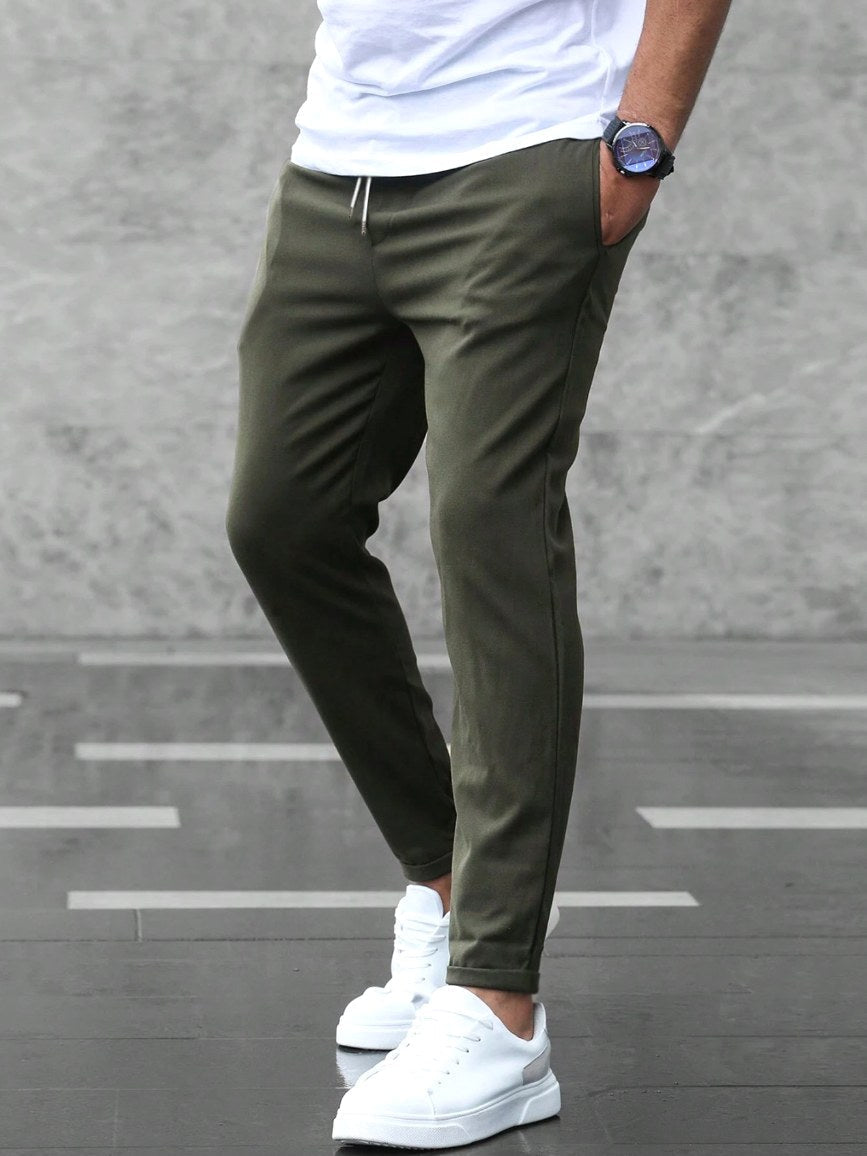 Christian | Men's Slim Fit Trousers with Drawstring, Dark Blue Chinos | My Sweet Wardrobe | Army Green
