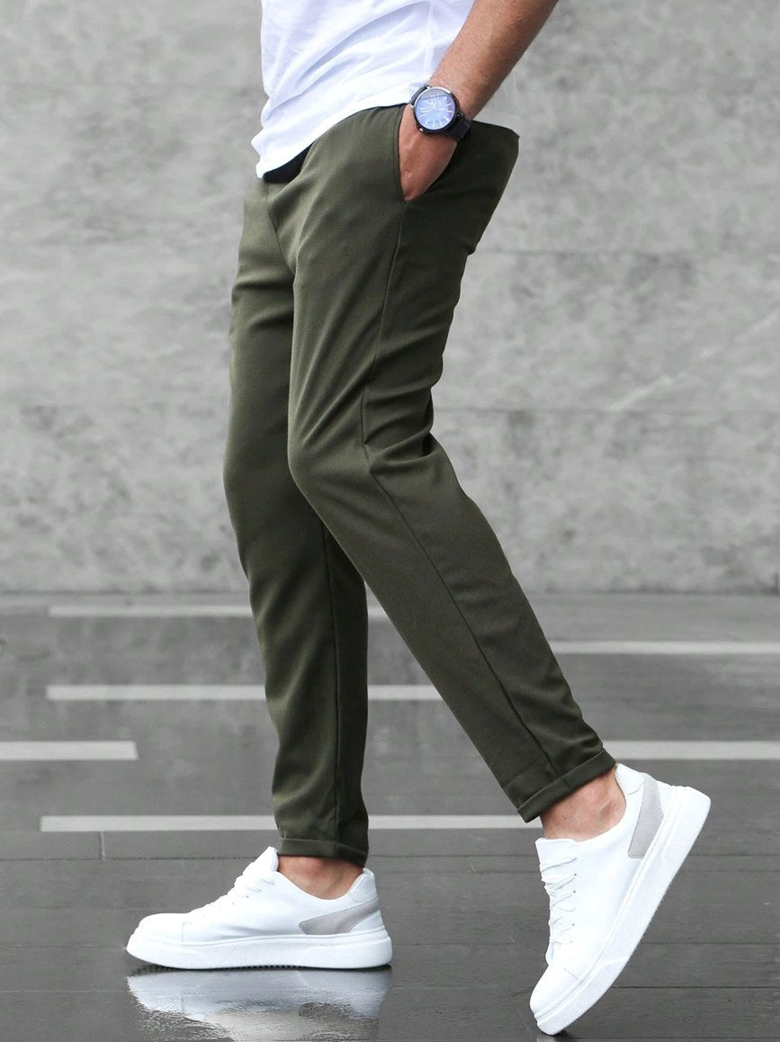 Christian | Men's Slim Fit Trousers with Drawstring, Dark Blue Chinos | My Sweet Wardrobe | Army Green