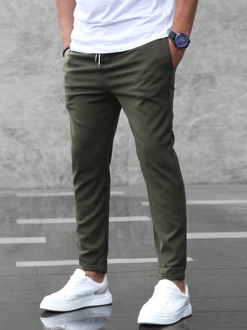 Christian | Men's Slim Fit Trousers with Drawstring, Dark Blue Chinos | My Sweet Wardrobe | Army Green