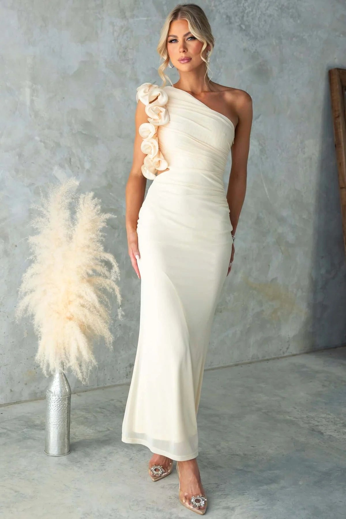 Claudine | Women's One-Shoulder Maxi Dress with Ruffled Detail, Fitted Evening Dress | My Sweet Wardrobe
