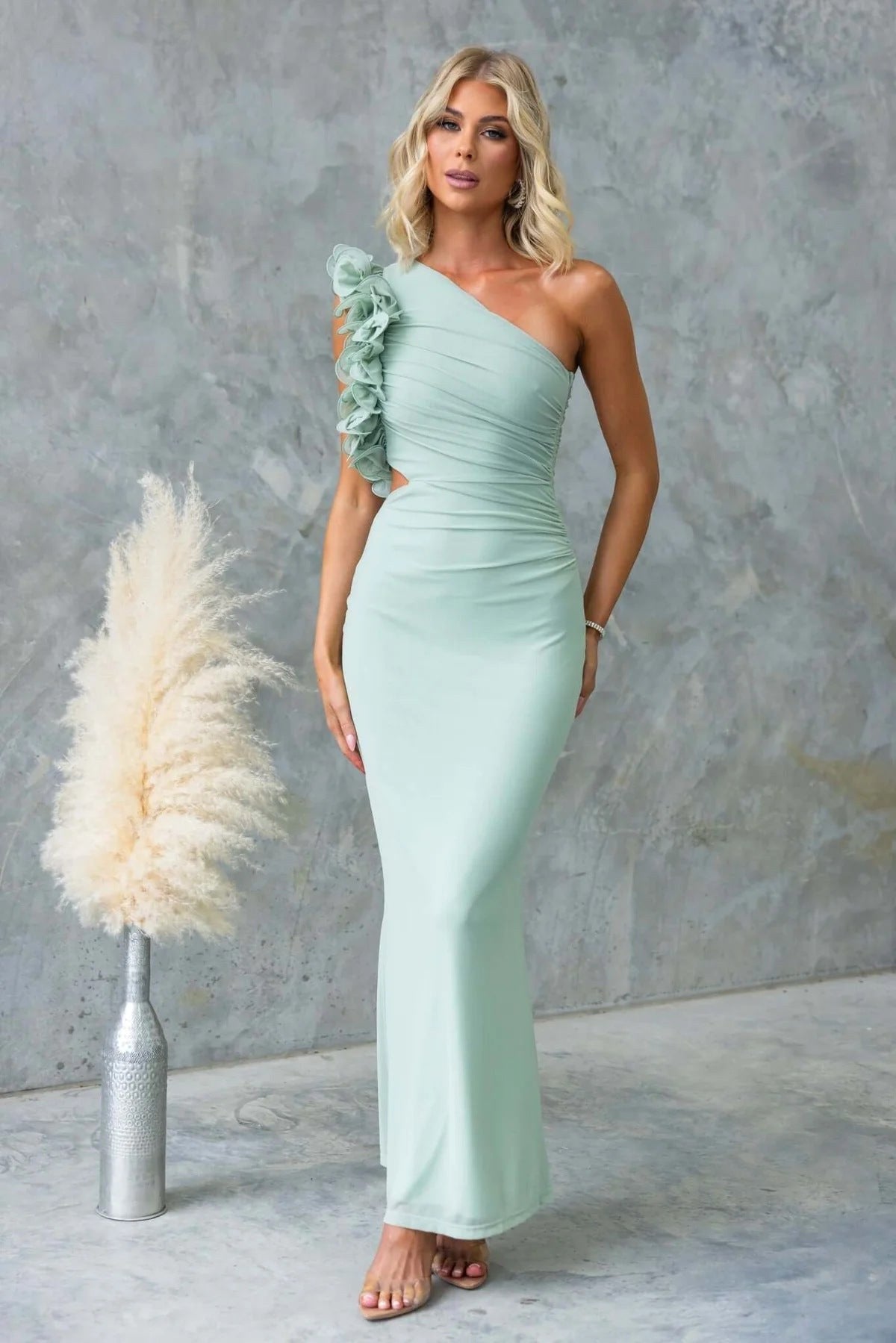 Claudine | Women's One-Shoulder Maxi Dress with Ruffled Detail, Fitted Evening Dress | My Sweet Wardrobe