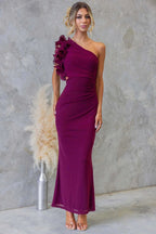 Claudine | Women's One-Shoulder Maxi Dress with Ruffled Detail, Fitted Evening Dress | My Sweet Wardrobe | Coffee