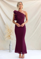 Claudine | Women's One-Shoulder Maxi Dress with Ruffled Detail, Fitted Evening Dress | My Sweet Wardrobe | Light Yellow