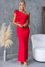 Claudine | Women's One-Shoulder Maxi Dress with Ruffled Detail, Fitted Evening Dress | My Sweet Wardrobe | Light Purple