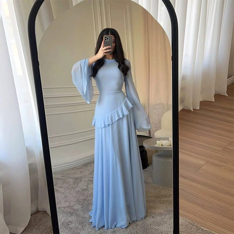 Colette | Women's Tiered Maxi Dress with Bell Sleeves, Formal Wedding Guest Dress | My Sweet Wardrobe | Light Blue