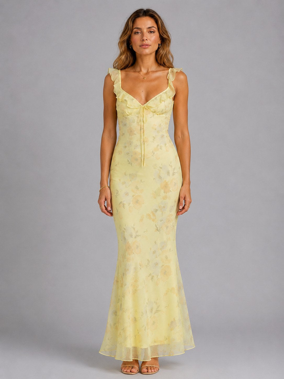 Connie | Women's Floral Maxi Dress with Ruffle Straps, Summer Evening Dress | My Sweet Wardrobe | Yellow
