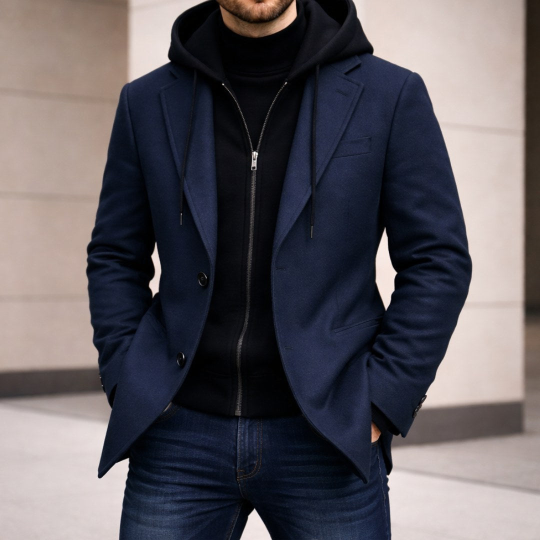 Connor | Men's Tailored Double-Layer Coat, Structured Wool-Blend Coat | My Sweet Wardrobe | Navy Blue