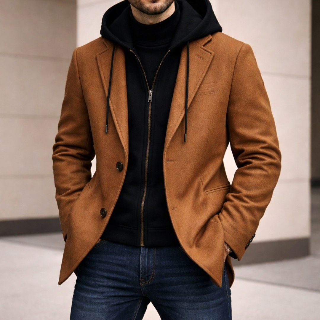 Connor | Men's Tailored Double-Layer Coat, Structured Wool-Blend Coat | My Sweet Wardrobe | Black