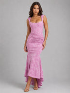 Cora | Women's Floral Corset Maxi Dress, Asymmetrical Hem Maxi Dress | My Sweet Wardrobe | Pink