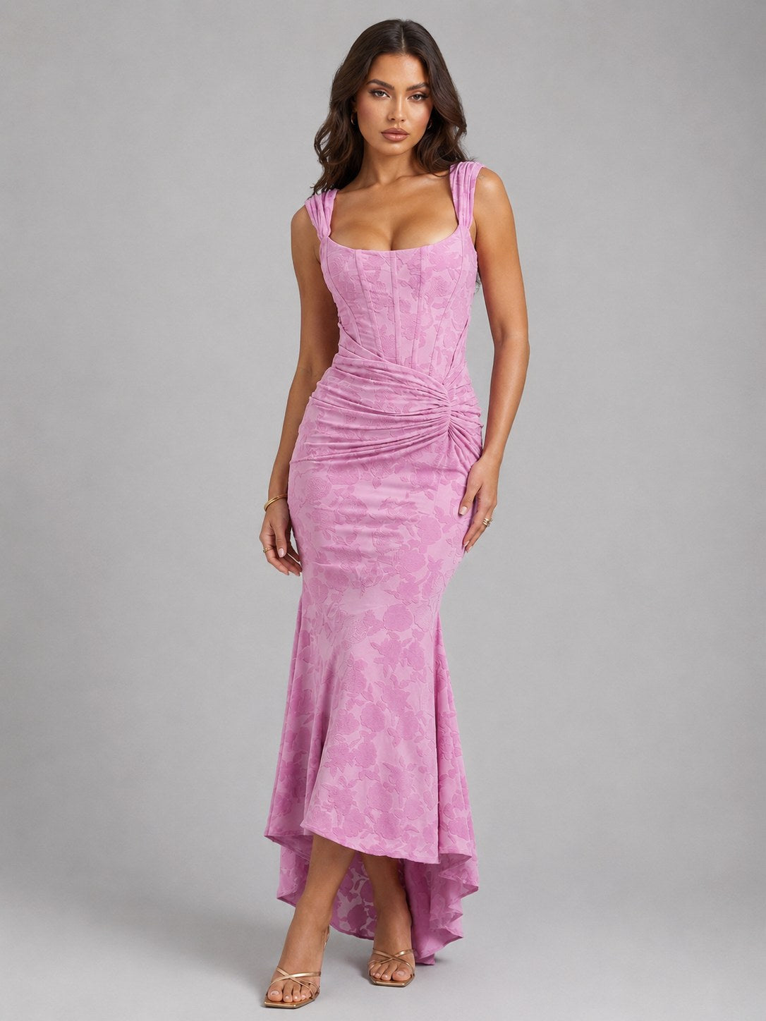 Cora | Women's Floral Corset Maxi Dress, Asymmetrical Hem Maxi Dress | My Sweet Wardrobe | Pink