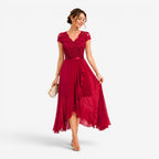 Élodie | Women's Lace Midi Dress, Burgundy V-Neck Occasion Dress | My Sweet Wardrobe