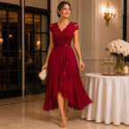 Élodie | Women's Lace Midi Dress, Burgundy V-Neck Occasion Dress | My Sweet Wardrobe