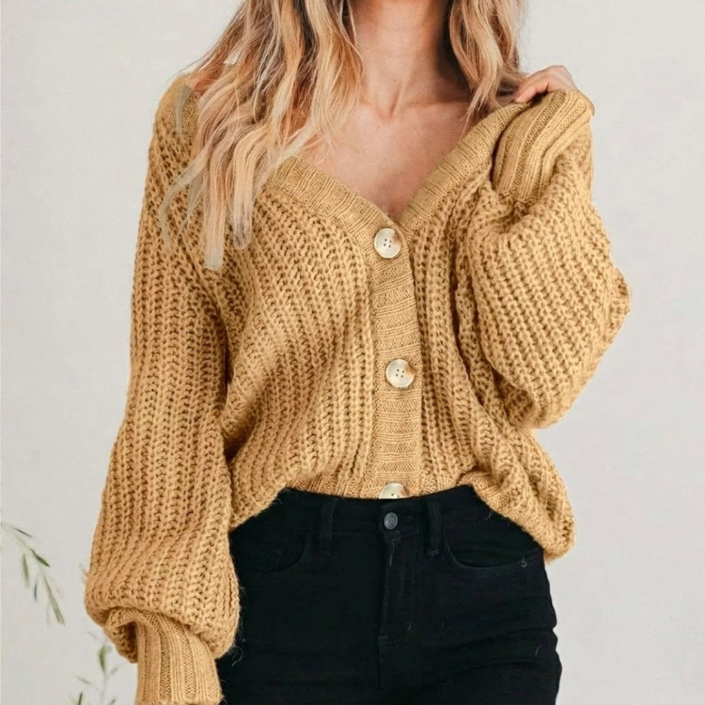 Coralie | Women's Oversized Chunky Cardigan, V-Neck Balloon Sleeve Knit | My Sweet Wardrobe | Khaki