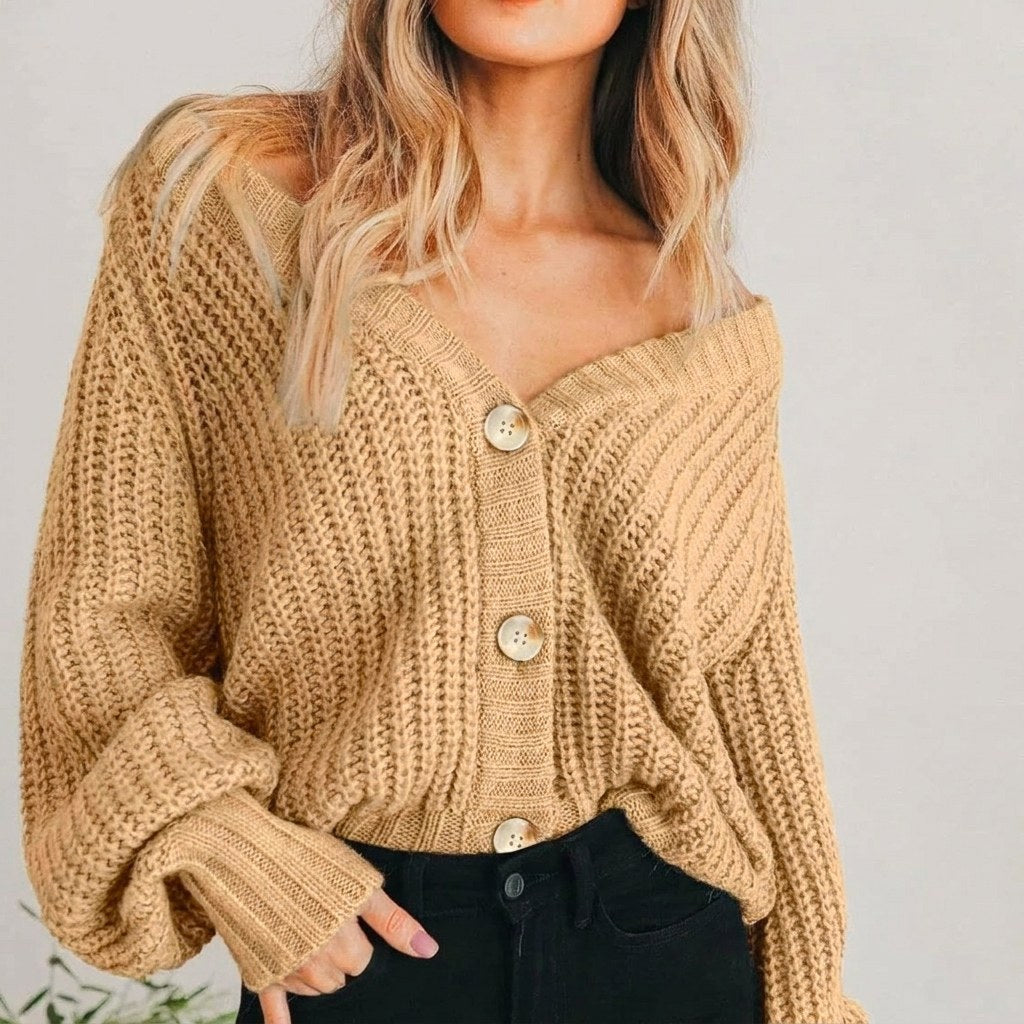 Coralie | Women's Oversized Chunky Cardigan, V-Neck Balloon Sleeve Knit | My Sweet Wardrobe | Beige