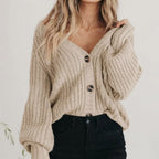 Coralie | Women's Oversized Chunky Cardigan, V-Neck Balloon Sleeve Knit | My Sweet Wardrobe | Grey