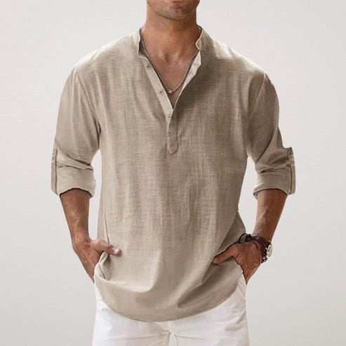 Daniel | Men's Relaxed Linen Shirt with Long Sleeves, Rolled-Cuff Summer Shirt | My Sweet Wardrobe | Khaki