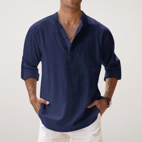 Daniel | Men's Relaxed Linen Shirt with Long Sleeves, Rolled-Cuff Summer Shirt | My Sweet Wardrobe | Navy