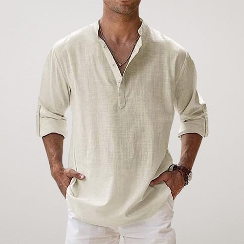 Daniel | Men's Relaxed Linen Shirt with Long Sleeves, Rolled-Cuff Summer Shirt | My Sweet Wardrobe | Beige