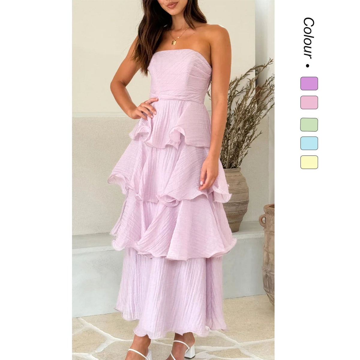 Danielle | Women's Strapless Tiered Maxi Dress, Ruffle Wedding Guest Dress | My Sweet Wardrobe | Pink