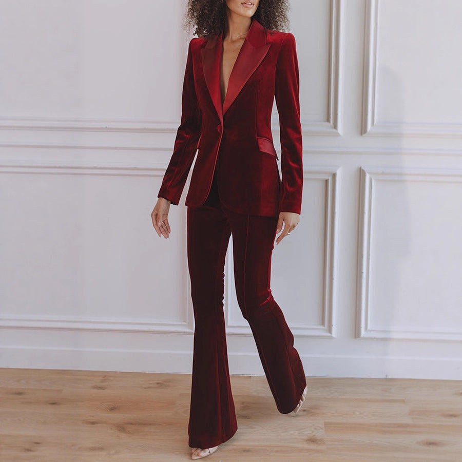Delphine | Women's Single-Button Blazer Flare Trouser Set, Contrast Lapel Two-Piece Suit | My Sweet Wardrobe | Black
