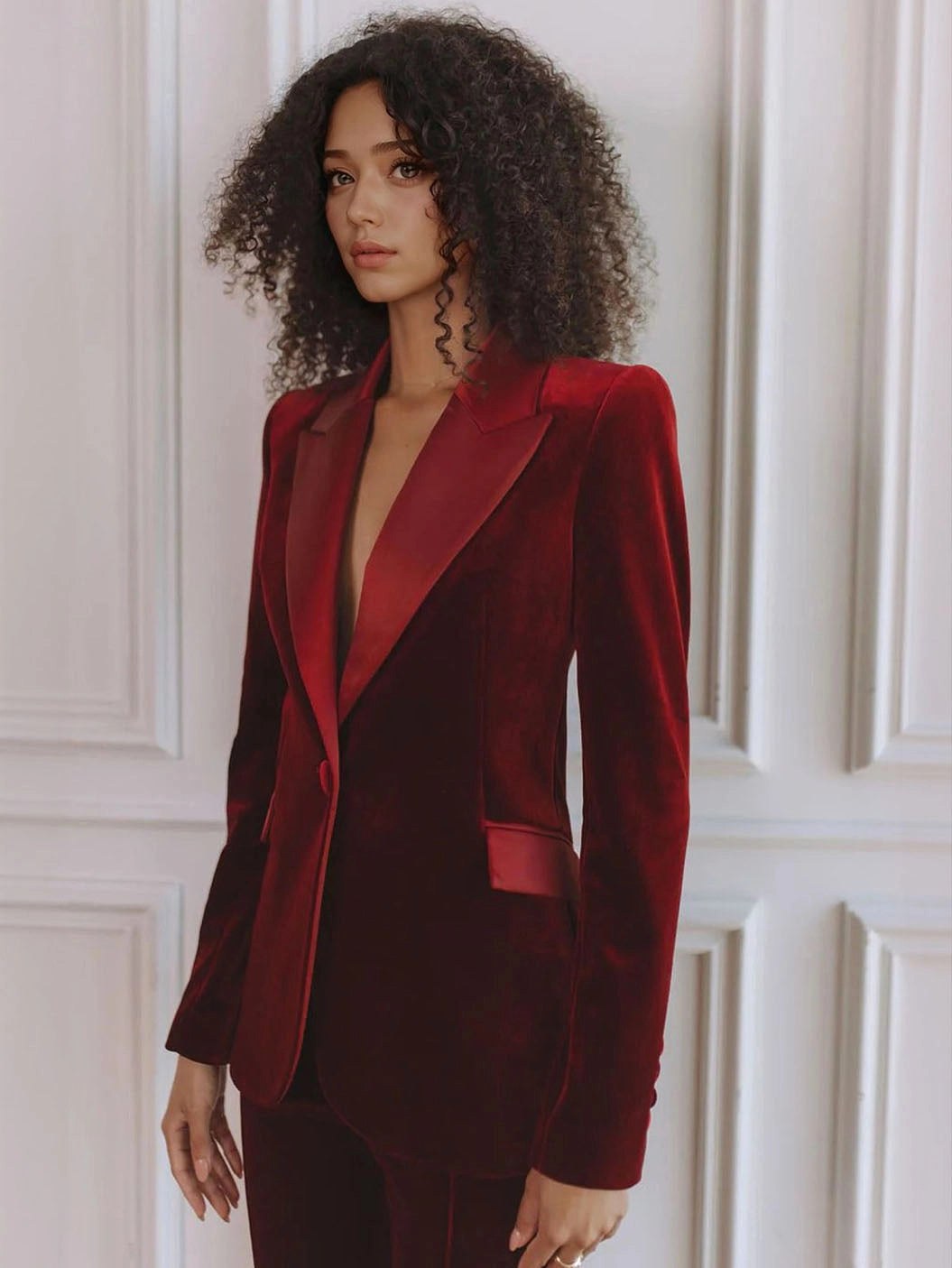 Delphine | Women's Single-Button Blazer Flare Trouser Set, Contrast Lapel Two-Piece Suit | My Sweet Wardrobe